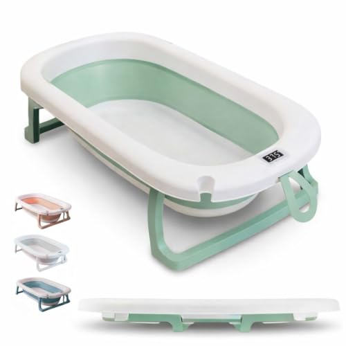 BAÑERA PLEGABLE BEBÉ Termómetro + Patas Antideslizantes + Tapón de Seguridad | Bebé Recién Nacido | Diseño Plegable | Fácil de Guardar y Transportar (Verde pastel)