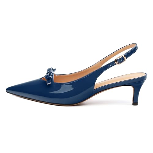 Kitten Heels for Women with Bow, Womens Slingback Low Heels, Closed Pointed Toe Patent Pumps Shoes for Dress Work Office Casual 2 Inch2