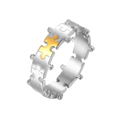 Image of Unisex 2 Colors Jigsaw Puzzle Couple Ring | Stainless Steel, Cool Splicing Shaped, Creative Hip Hop Matching Set, Wedding Band