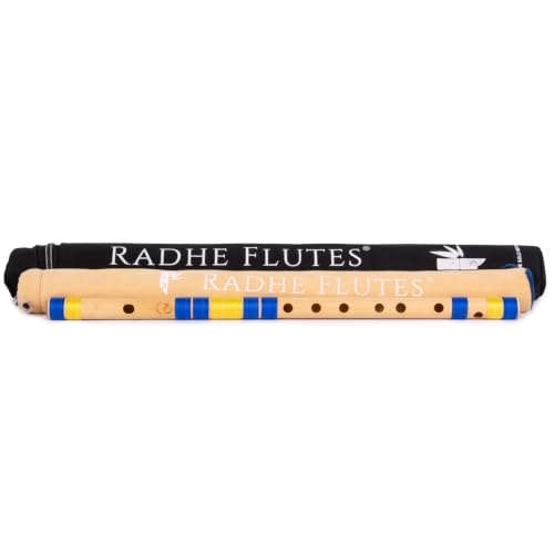 Image of Radhe Flutes Bamboo Bansuri C Sharp Right Handed Middle Octave (18 inch) With Hard Cover (Beige Flute With Blue & Yellow Threads)