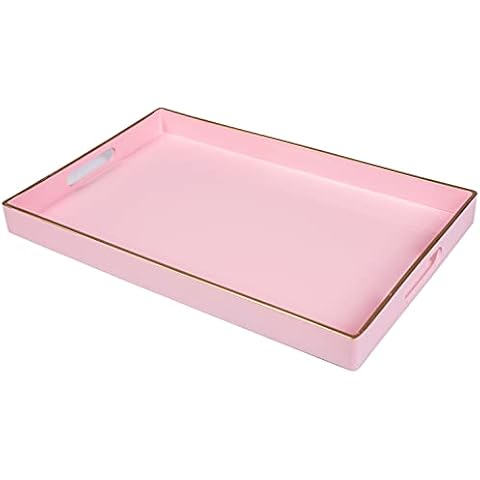 MAONAME Decorative Tray for Coffee Table, Modern Serving Tray with Handles, Plastic Rectangular Tea Tray for Ottoman, Bathroom Decor,15.75” X 10.2” (Pink) Cover