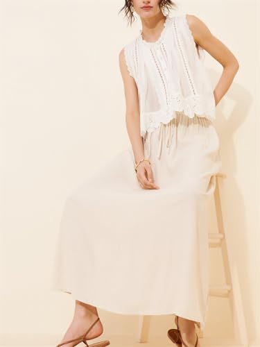 Women Cute Cutout Eyelet Tank Top Fairy Cottagecore Sleeveless Scallop Trim Pleated Peplum Camisole Sheer Going Out Top2