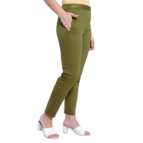 Image of BLUE STAR SHARK Stretchable Cotton Lycra Cigarette Pants | Versatile and Stylish Women's Pants | Comfortable Slim Jeggings | Ankle Length Straight Trousers for Office, Formal, Casual Wear