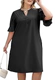 Celkuser Plus Size Summer Casual Shift Dress for Curvy Women V Neck Ruffled Sleeves Loose Shirt Dresses with Pockets 2025 (cel164,22,Black)