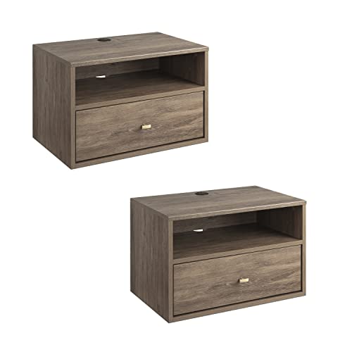 Prepac Floating Shelf Side Table with Drawer and Brushed Brass Knobs, Modern Floating Nightstand 15" D x 22.5" W x 14.5" H, Drifted Gray, DRBW-1402-2M