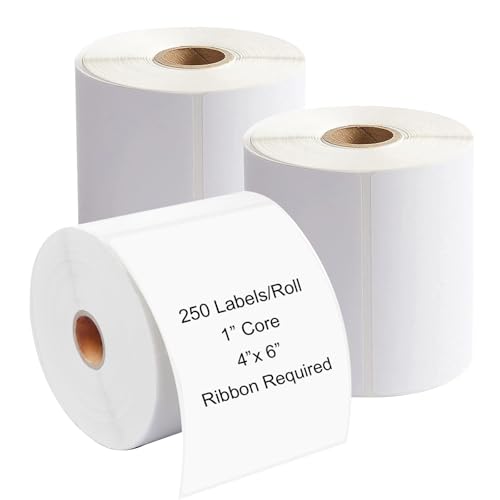 4 x 6 Inches Desktop Thermal Transfer Labels, Thermal Ribbon Required, 1 Inch Core, 250 Labels/Roll- 3 Rolls/Case, Perforated, White, Permanent Adhesive