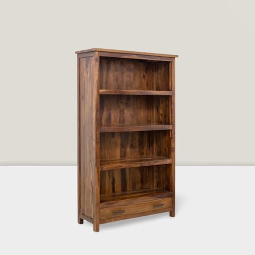 Image of ANGEL FURNITURE Solid Sheesham Wood Bookshelf with Drawer | Large Full-Size Storage Rack | Honey Finish, Semi-Gloss | 100x40x175 CM Honey Finish
