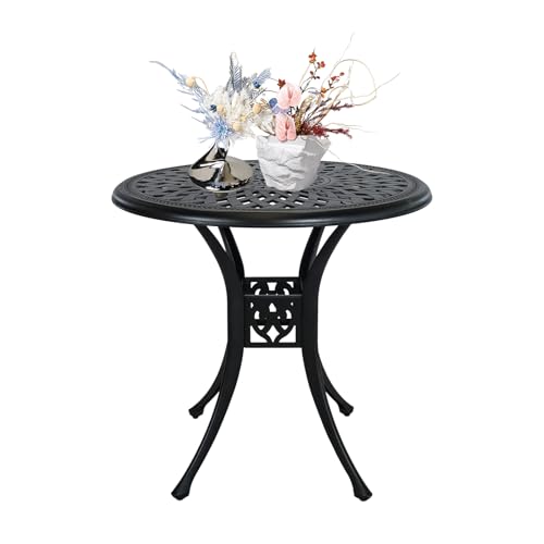 Image of 30 inches Patio Table with Umbrella Hole, Round Outdoor Table, Cast Aluminum Bistro Table, Metal Side Table for Porch Backyard, Black