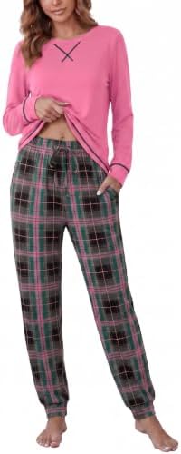 Ekouaer Schlafanzug Damen Lang Pyjama Set Hausanzug Zweiteilige Loungewear | langarm lounge set, herbst winter nachtwäsche, rundhals oberteil, bündchenhose, taschen, elastischer bu