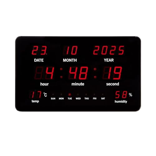 Perel Horloge mural numérique noir, grand écran LED 37.5x25.5cm, LED rouges, horloge numérique avec calendrier, heure, date, température et humidité,...
