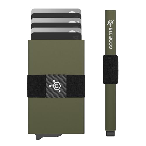 Image of CODE 118 Wallet for Men - Slim Minimalist Aluminum Smart Wallet with RFID Blocking - Compact cash and Credit card holder with Pop Up Ejector (Classic, Military Green)
