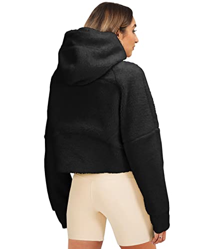 Womens Fleece Hoodies Half Zipper Sherpa Hooded Pullover Crop Long Sleeve Zip Up Jacket Coats Black #TOP1