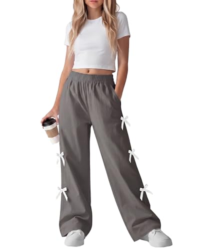 Vinsatin Girls Y2K Parachute Pants with Bow, Gray, 13-14 Years