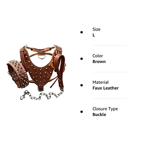 Haoyueer Leather Spiked Studded Medium & Large Dog Collars, Harnesses & Chain Leashes 3Pcs Matching Set For Pit Bull,Mastiff, Boxer, Bull Terrier #TOP4