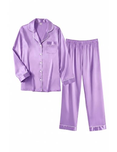 Image of Ekouaer Women Satin Pajamas Set Classic Button Down Long Pjs Set