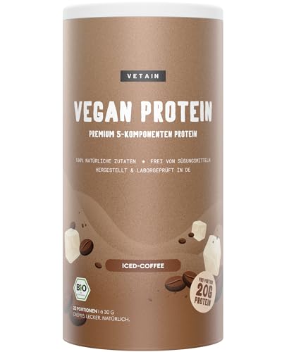VETAIN Vegan Protein Pulver - Eiskaffee - 20g Protein pro Portion - 600g - BIO Veganes Eiweißpulver - Fünf Premium Protein Quellen - Ohne Allergene & Zuckerzusätze - produziert in Deutschland