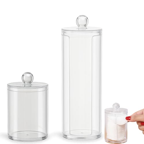 WaaRiuQ 1 Cotton Pad Holder and 1 Cotton Bud Holder, Bamboo Storage Organizer for Toothpicks and Dental Floss, Cotton Pad Cosmetic Storage Box With Lid