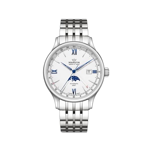 marvin Automatic GMT Men's Watch Swiss Movement Mechanical Luxury Watches for Men with Stainless Steel Strap,Sapphire Glass Dial,Luminous Hands and Hour Markers,50m Waterproof