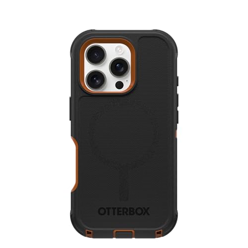 Image of OtterBox iPhone 16 Pro (Only) Defender Series MagSafe Case - Iron Eclipse (Black & Orange) - Built-in Magnets - Screenless - Rugged & Durable - with Port Protection