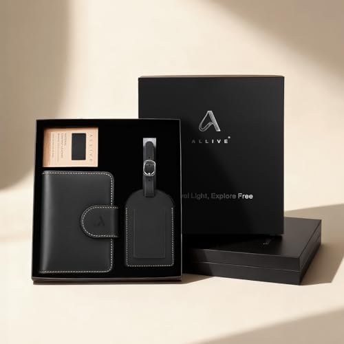 Image of ALLIVE Passport Holder with Luggage Tag, Genuine Leather Passport Holder with AirTag Hidden Pocket, RFID Blocking Travel Wallet for Women & Men, Premium Gift Box, Ready to Gift - Gift Set (Black)