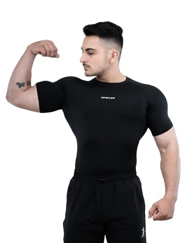Image of Athflex Men's Half Sleeve Ace Compression T-Shirt-Ultra Stretch,Premium Nylon Spandex Blend,Moisture-Wicking, Quick-Dry,Breathable,Muscle Fit Activewear for Gym