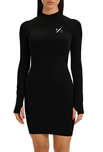4 Of-Ten Women's Skinny Sports Dress Zip Up Workout Dress With Thumbhole Design Long Sleeve Athletic Dresses For Women, Xs Black #TOP2