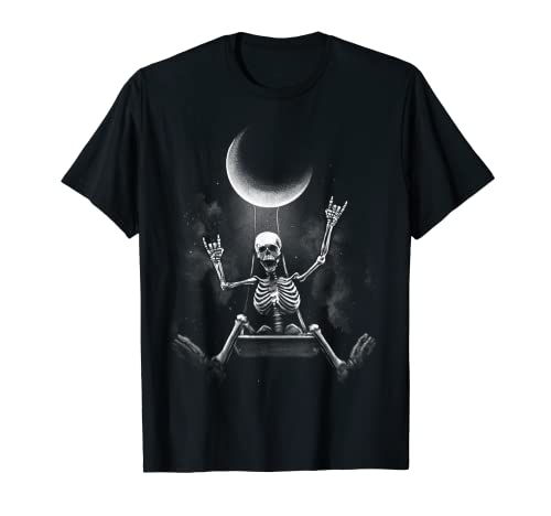 Cool Halloween 2022 esqueleto roca a mano luna swing gráfico Camiseta