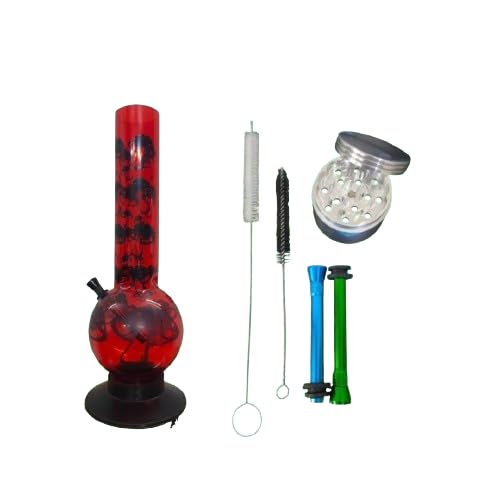 PUFF SMART Acrylic Red Mushroom Print Bong 12 Inch, 8cm 2pc Shooter, Silver Medium Crusher & 1pc Black & 1pc White Brush Combo Pack For Hookah |