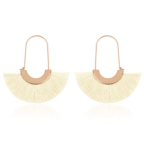 Bohemian Silky Thread Tassel Strand Fringe Statement Hoop Earrings - Lightweight Semi Circle Fan Threader, Mermaid Hoops (Fan Tassel Threader - Ivory)