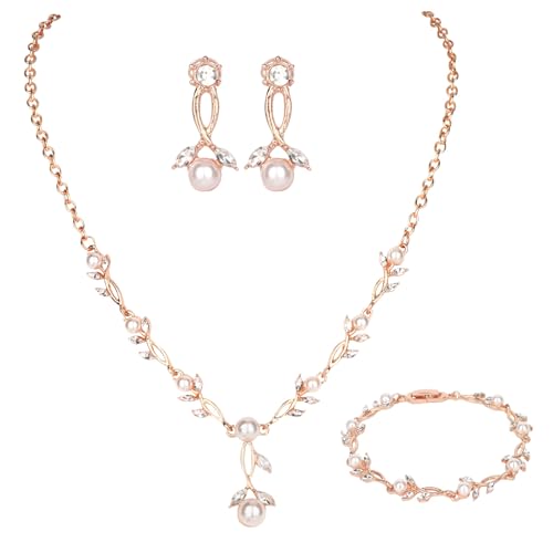 Bridal Jewelry Sets for Women,Cubic Zirconia Wedding Jewelry for Women Pearl Pendant Necklace Earrings Set