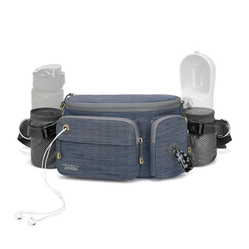 TUDEQU Gürteltasche Bauchtasche mit Flaschenhalter,Damen und Herren Fanny Pack,Verstellt Bauchtasche,Joggen Hundetraining, Handyfach Wasserdicht Hüfttasche für Wandern Reise Camping(Grey Blue)