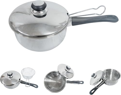 3pc 20cm Stainless Steel 3L Chip Pan - Chippan Fryer Pot with Lid & Basket Durable BNIB | Professional Food Cooking | Strong Wire Mesh Basket | Easy to Clean | Induction Base