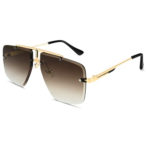 Rimless Oversized Square Sunglasses for Men Trendy Fashion Big Shades Tinted Lens Gold Metal Frameless Glasses UV400