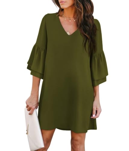 BELONGSCI Women's Dress Sweet & Cute V-Neck Bell Sleeve Shift Dress Mini Dress Green