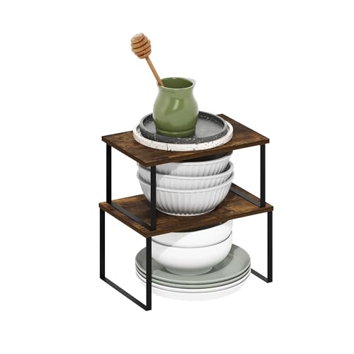 Image of Furinno RAVEL Kitchen Countertop Organizer Set of 2, Nesting Counter Shelves, Kitchen Storage, Expandable, Stackable, Spice Rack, for Kitchen, Pantry, Coffee Bar, Amber Pine
