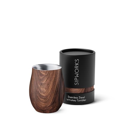 Product Image of the Sipworks Insulated Whiskey Tumbler - 8 oz Stainless Steel Bourbon Lowball Tumbler with Double Walled Vacuum Insulation - Spill Resistant Cocktail Nosing Glass Mug | Travel & Parties - Mahogany