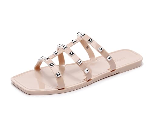 Image of Women Flats Sandals, Studded Jelly Shoes Size 9 Red Dressy Summer Beach Rivets Strappy Jellies Slide Slip On Open Toes