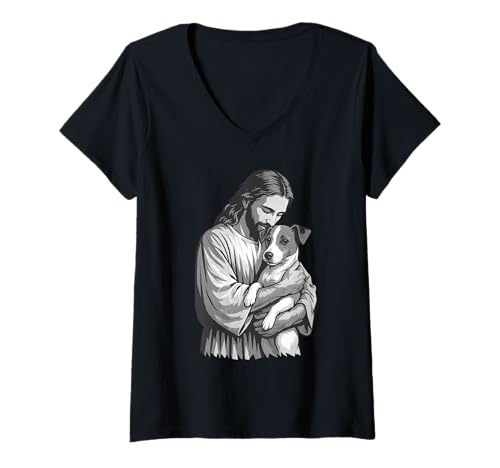 Mujer Jack Russell Terrier Y Jesús Christian Faith Dog Lover Camiseta Cuello V