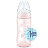 NUK First Choice+ - Biberón para bebés de 0 a 6 meses, con control de temperatura, botella de 300 ml con válvula anticólicos, sin BPA, tetina de silicona, color rosa