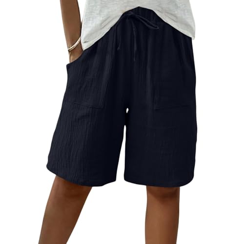 Short pour femme en coton et lin bleu marine XL à taille élastique confort