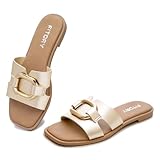 FITORY Women's Flat Sandals Fashion Square Open Toe Slides With Metal Chain Slippers for Summer Size 8 Gold