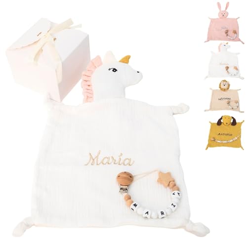 NUBEBI Doudou Bebé Personalizado con Nombre+ Chupetero Madera (UNICORNIO)