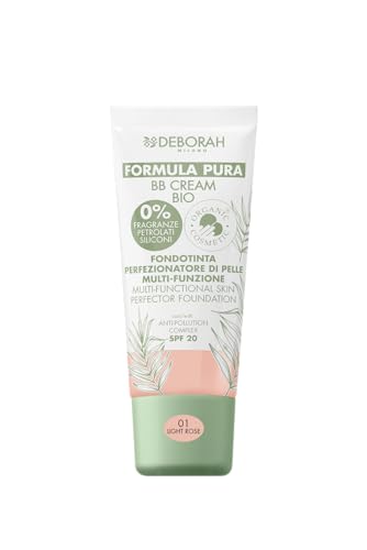 Deborah Milano - BB Cream Formula Pura BIO SPF 20 con Ingredienti Naturali, 01 Light Rose, Effetto Nutriente, Antiossidante e Anti-luce Blu, Dona una Pelle Levigata e Nutrita, 30 ml