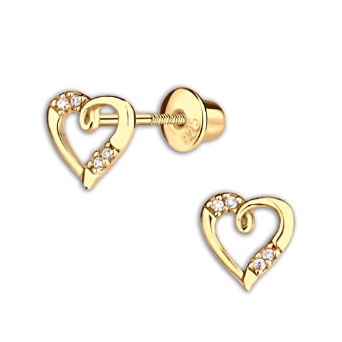 Cherished Moments Girl's 14K Gold-Plated Heart Earring with CZs and Screw Back Hypoallergenic Studs for Babies, Toddlers, and Kids