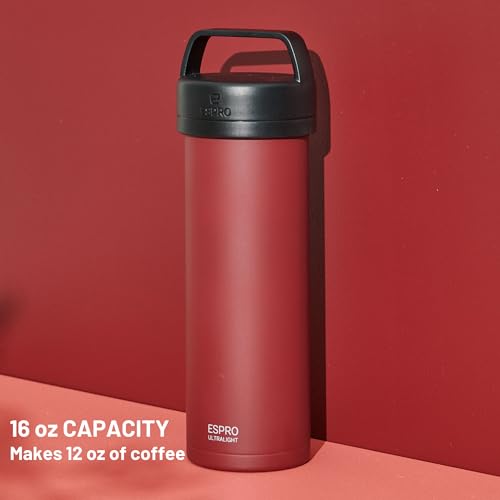 ESPRO P0 Ultralight French Press Coffee Maker for Travel, Vacuum Insulated Stainless Steel, 16 Ounces, Cranberry