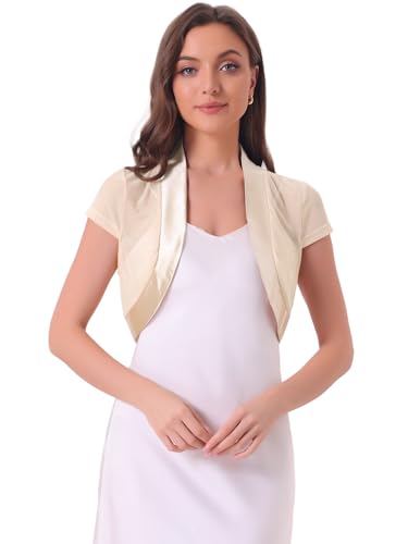Image of Allegra K Women's Satin Shrug Bolero Cap Sleeve Crop Cardigan | Cap sleeves with cropped length. Open front design. Suitable for wedding, party.