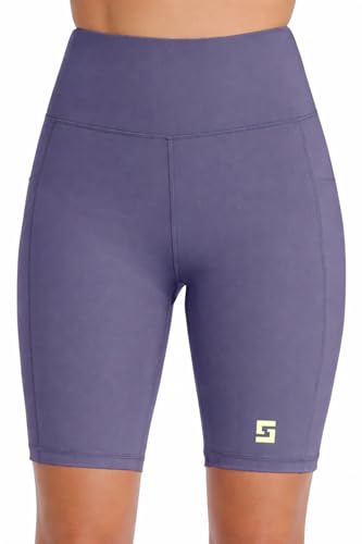 Image of Women's Polyester Stretchable Gym Shorts with Side Pockets High Waist Slim Fit Above Knee Length Activewear Tights Gym Fitness Cycling Running Yoga Shorts for Women