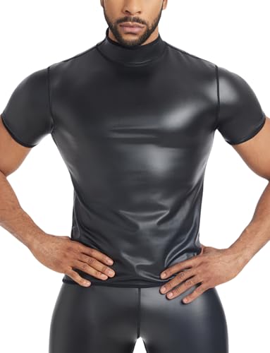 Camiseta negra de piel sintética para hombre de manga corta ajustada con cuello redondo