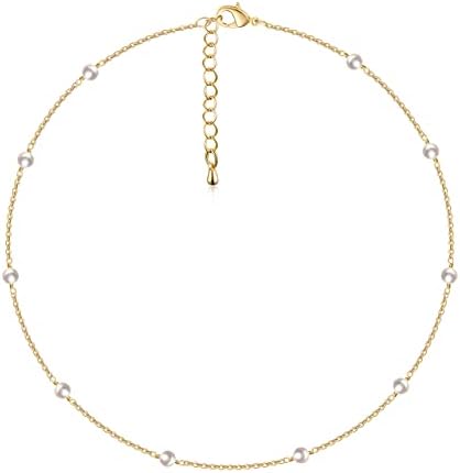 Cowlyn Pearl Choker Dainty Adjustable Necklace 18K Gold Plated Cultured Barque Pearl Tiny Chain Delicate Mother's Valentine Jewelry for Women Girls