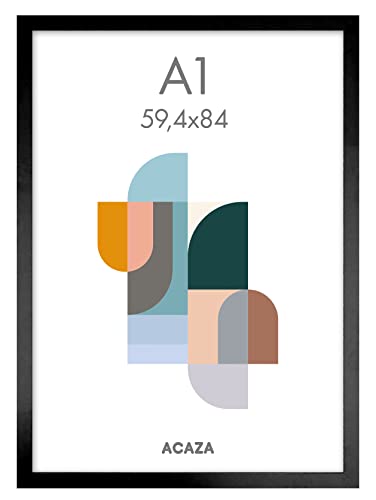 ACAZA A1 Bilderrahmen 59,4x84 cm Format Din A1 Schwarz, MDF Holz mit bruchsicherem Acrylglas, für Photos, Poster und Puzzles, Wandmontage, Hoch- und Querformat